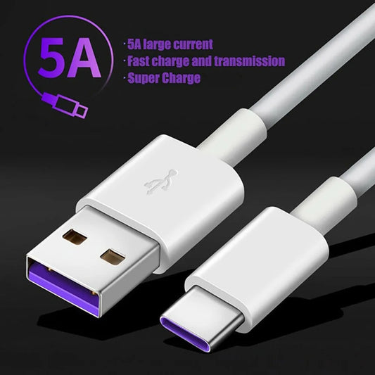 5A Fast Charge USB Type C Cable - Compatible with Samsung S20, S9, S8, Xiaomi, Huawei P30 Pro - White/Black